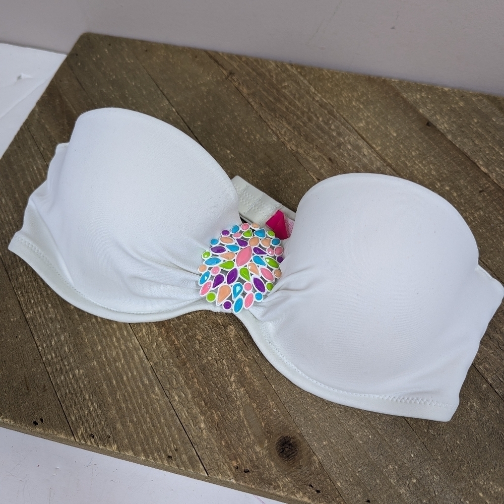 Victoria’s Secret Strapless Bikini Top 34B – White Jewel Center Bandeau Swim Top